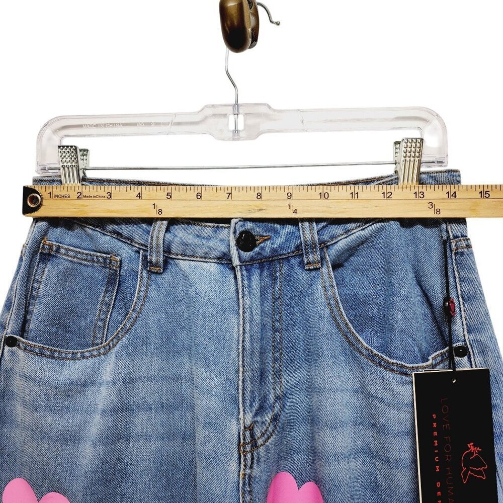 Love For Humanity Womens High-Rise Wide-Leg Jeans Pink Heart Accents Size 7/ 28 - Picture 10 of 15